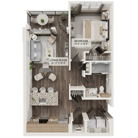 Floor plan for 1 bed, 1 bath, 689 sqft